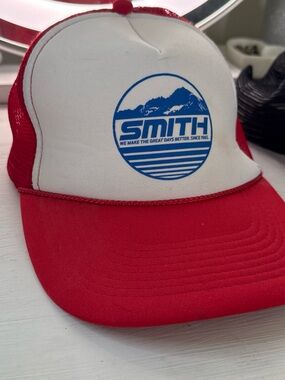 SMITH Red and White Trucker Hat with Blue Logo